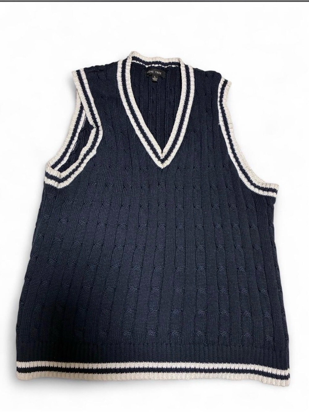 Navy Cable-Knit Sleeveless Sweater Vest with White Trim - Size L